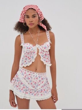 For Love & Lemons Ditsy Day Ruffled Bra Top/Mini Skirt NWT- XL-Red/White/Blue